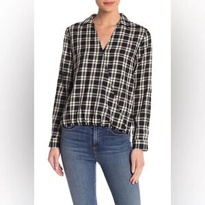 Madewell Arion Plaid Wrap Front Long Sleeve Blouse in Black/White Size M